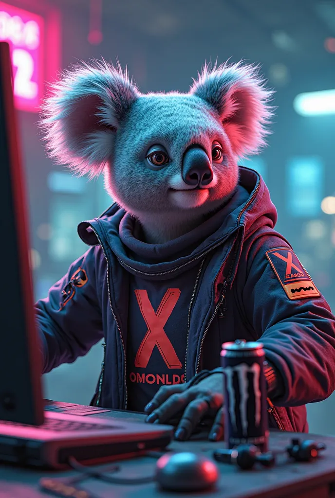 You could make a koala playing on a computer with cyberpunk-style clothes that have the logo of the game League of Legends too, If you have a Monster Energy in your hand and it looks really cool