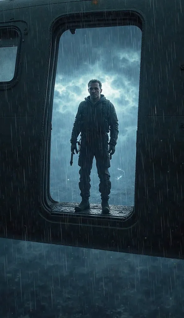 A dramatic picture of "Cooper" while standing at the open plane door, preparing to jump amid darkness and rainstorm.

a scene of a man parachuting from a plane in the night sky amid strong winds.