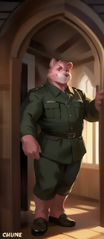 Solo, male Tall,model tall, huge​ body,​standing, den,Pink bear , black green Army uniform, overweight, muscular, smirking, by chunie​