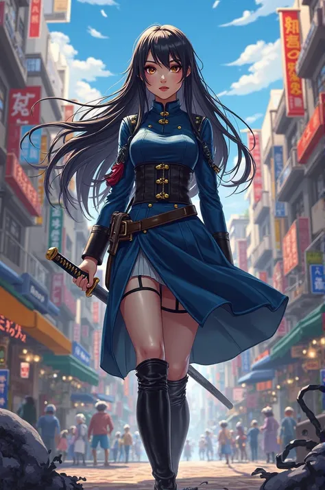 Screenshot of white tea woman with long black hair to the waist hazel eyes wearing navy blue military dress with black and knee-high boots with a katana background city animation style map