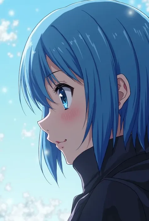 a close up of a person with blue hair and a black jacket, reincarnated as a slime, tensei shitara slime datta ken, aqua from konosuba, profile shot of rimuru tempest, full face shot of rimuru tempest, rimuru tempest, anime girl named lucy, as an anime char...