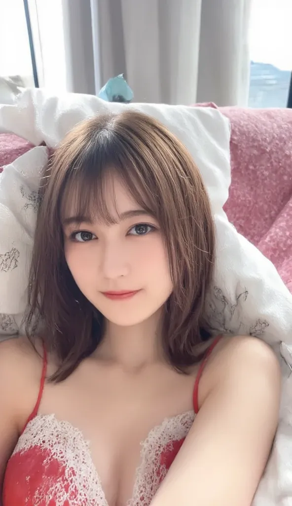  amateur took an Instagram selfie . Surrounded by cushions in a dim student room、round-faced woman wearing a large red lace bra and red lace thongs surrounded by cushions in a dimly lit student room,  without makeup,  playful smile . She has long brown hai...