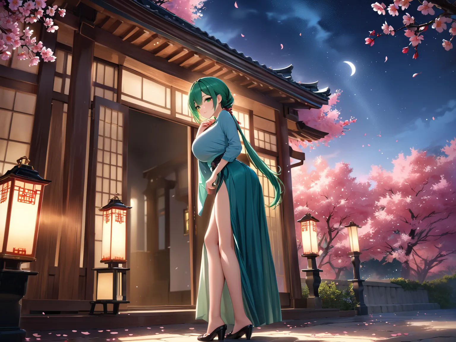  Midorikawa Kozue ( Midorikawa Kozue)
1 girl,full body, Panorama :1.3
A graceful young woman with low ponytail hair, 
green color hair, 
Her slant eyes emerald eyes
lipstick coral
hairtied with a celadon ribbon 
round facenurturing , figure (155cm)
petite ...