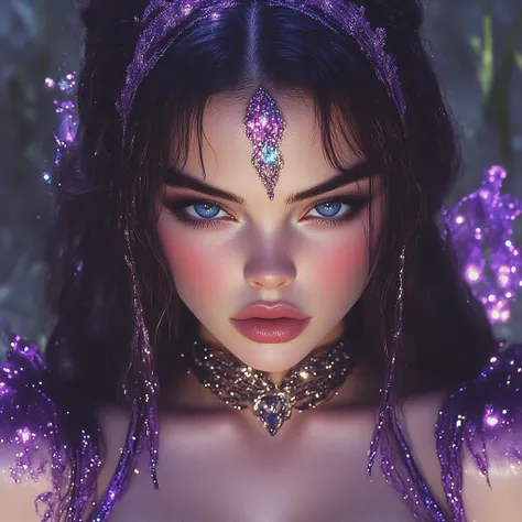 VOGUE MAGAZINE 4K. Beautiful 28-year-old European woman with long jet black hair straight white skin porcelain reddish lips blushed cheeks wearing a purple party dress Vogue style image with the title NYMPH GALA THE GIRL HAS INTENSE BLUE SAPPHIRE EYES is l...