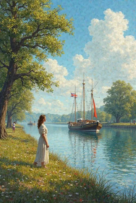 Afternoon scene, a few people on the river, a woman, a few trees on the grass, the sky, the sun, a big boat on the river, England flag on the boat