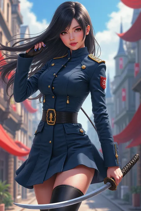 Screenshot of a white tea woman with a decisive look and a ladina smile with long black hair to the waist hazel eyes wearing navy blue military dress with black and knee-high boots with a katana background city animation style map