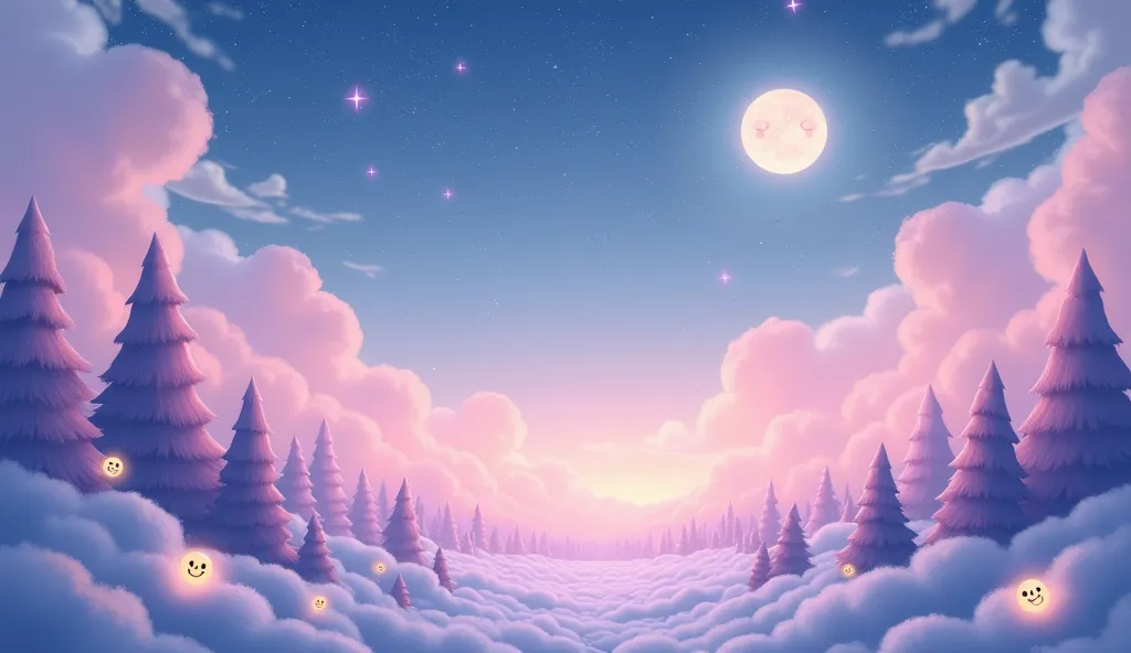 A dreamy scene in cartoon style, where a forest of fluffy trees in pastel tones floats above a dense layer of cottony clouds. Little fireflies with smiling faces spin gently, illuminating the landscape with a soft glow. The starry sky in shades of lavender...