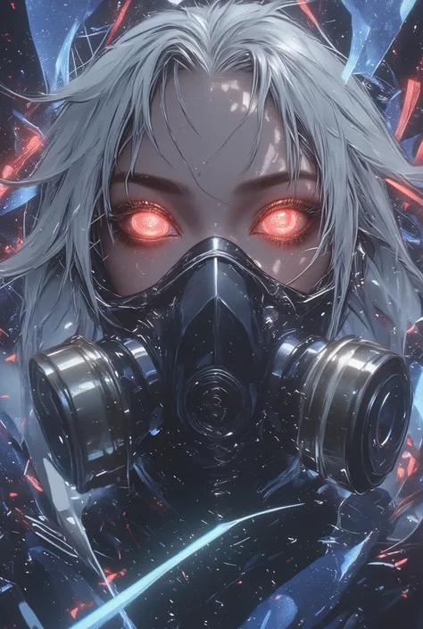 vibrant colors, blue and grey colors, colorful disruptive background, masterpiece, japanese woman wearing gas mask with detailed red eyes, long white messy hair,