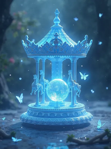 The artefact sky blue magic small like carousel with crystal ball aesthetic fantasy but no horse. Please, with magic blur effect, magic blue aura with butterfly holy magic