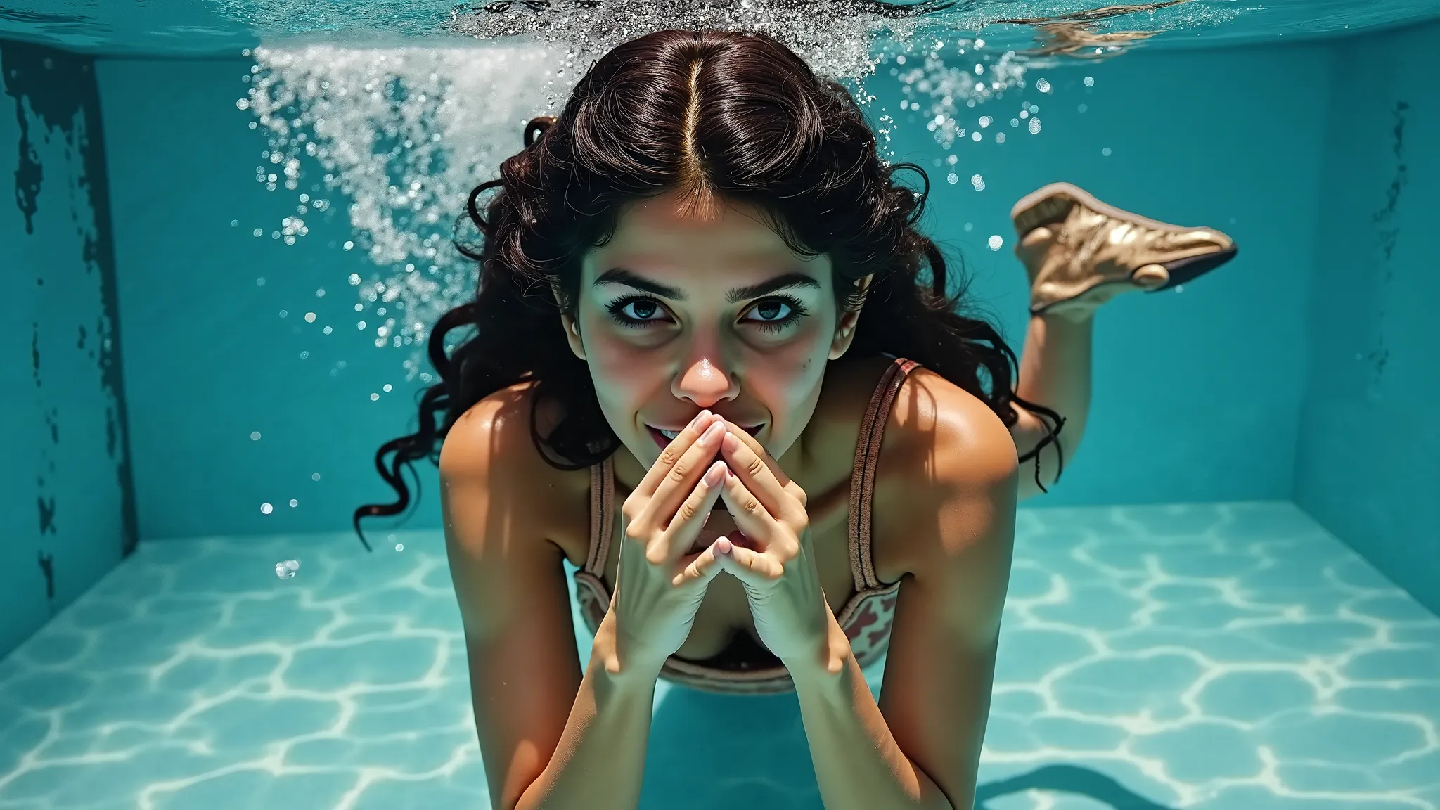 A beautiful 18-year-old Latina girl in a copper-coloured formal dress and gold strappy high heels holds her nose as she is dunked in a carnival dunk tank.  She has been dropped in and has now become fully submerged beneath the surface of the water.  She is...