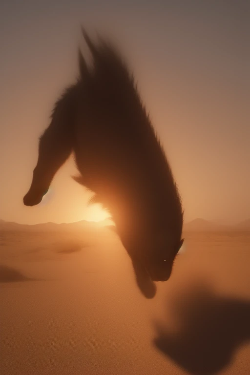 a black dog hero landing in a desert ground