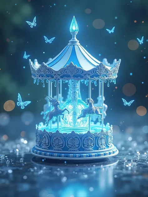 The artefact sky blue magic small like carousel with crystal ball aesthetic fantasy but no horse. Please, with magic blur effect, magic blue aura with butterfly holy magic