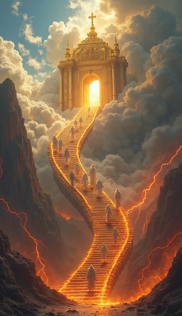 "A breathtaking, ultra-realistic fantasy scene depicting the ultimate choice between heaven and hell. The image is symmetrically divided into two distinct halves, seamlessly blended in the center.

On the left side, heaven is represented with a golden stai...