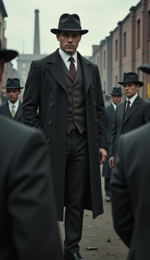 A tall, human-like Springbok mafia boss in early 1900s gangster attire, wearing a long dark overcoat, a classic fedora hat, and a vintage suit with a vest and tie. He stands confidently in an industrial setting with old warehouses and smokestacks in the ba...