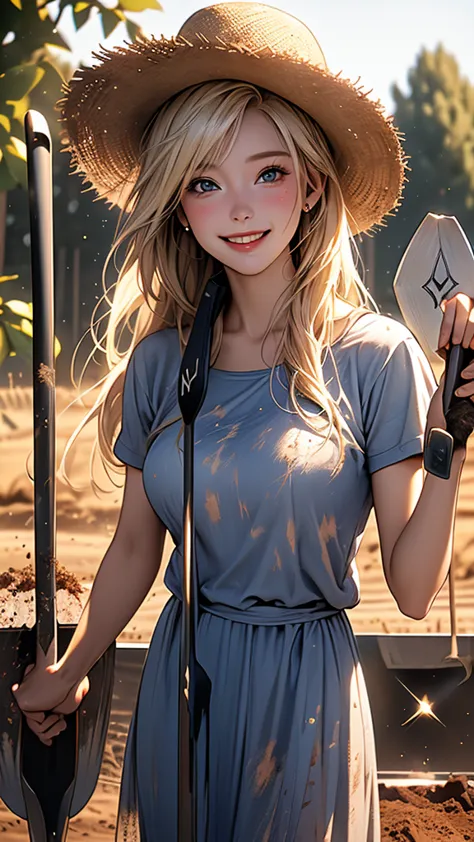 (photo realistic), highly detailed, Award-winning photography, Sharp focus,
A beautiful Scandinavian woman,
extraordinarily beautiful face, blonde, 

((holding shovel in hand:1.45)),
(Woman wearing straw hat),
potato field,

an urban-looking woman wearing ...