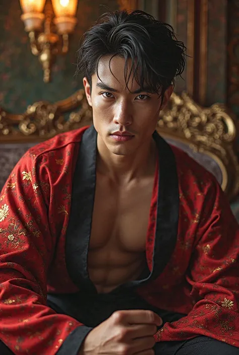 Asian young man with white porcelain skin wearing robe in a sensual dominating pose in a luxurious and glamorous environment