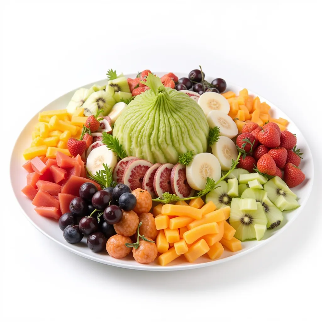  background is white　Fruits and salads are piled up in a round shape on a white plate　like a flower arrangement　 colorful 　In realistic live action　「NARITA-TEC」There is a sign for