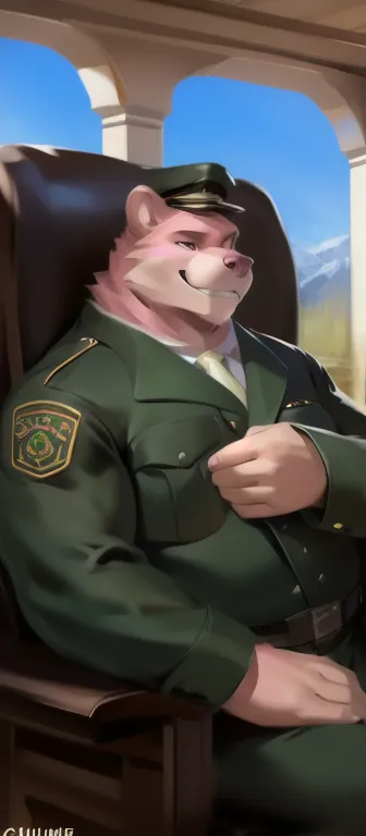 Solo, man big Tall,model tall, huge​ body,​Chair Ride, den,Pink bear , black green Army uniform, overweight, muscular, smirking, by chunie​