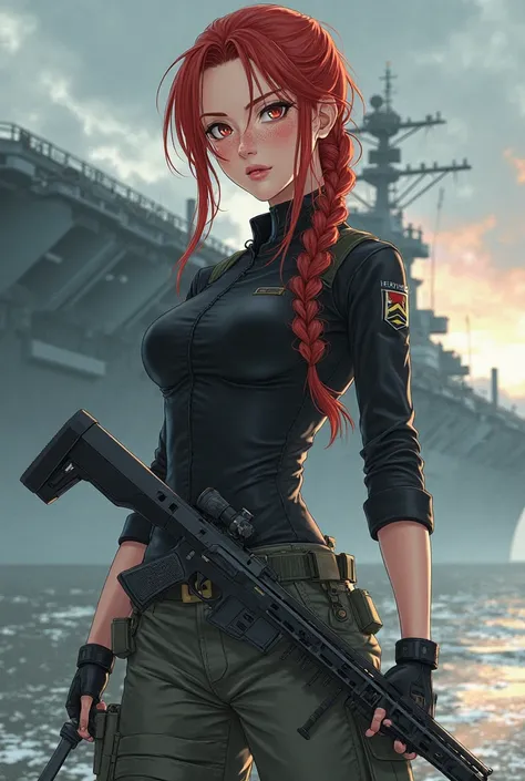 A female sniper with the physical build of Chawsen Man Maki, slim but athletic, pale skin, freckles, and long red hair tied in a braided ponytail, wearing tight military pants, a black military shirt tightly fitted to her body, and combat boots, inspired b...