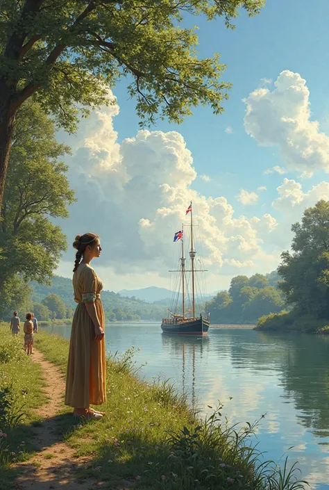 Afternoon scene, a few people on the river, a woman, a few trees on the grass, the sky, the sun, a big boat on the river, England flag on the boat