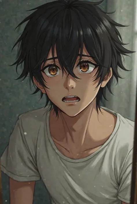 An effeminate man, jovial, deep brown eyes, Mouth with two piercings (each on one side of the lower lip), messy short black hair with Japanese-style bangs, with just pants and a tight t-shirt and is looking at a mirror that reflects itself (She is sad)