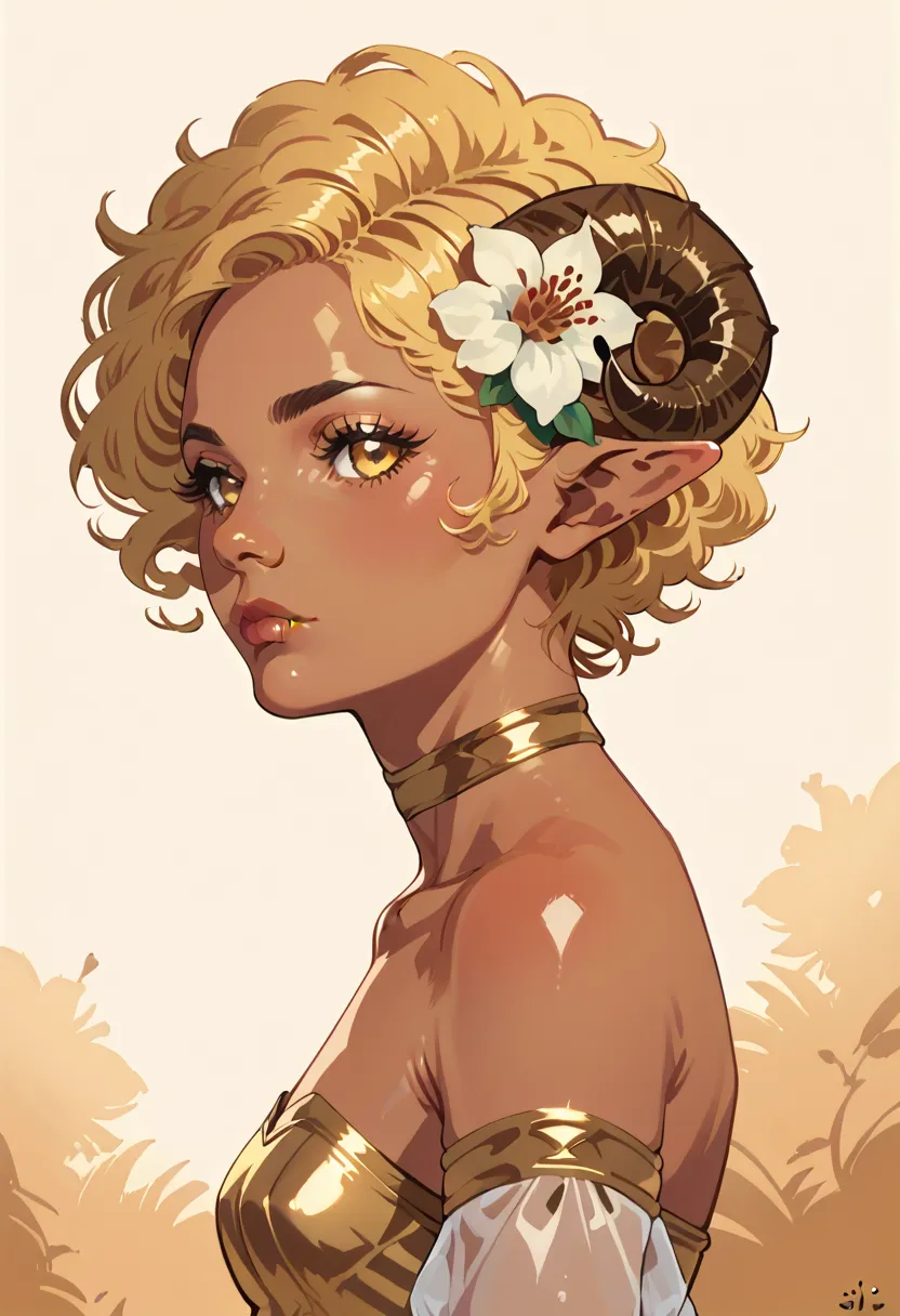 1girl, horns, solo,, pointy ears, looking at viewer, gold hair, bare shoulders, , upper body, (sheep horns:1.2, lips, gold eyes, dress, choker, curled horns, , breasts, hair ornament, detached sleeves, closed mouth, gold dress, nose, from side, sheep girl,...