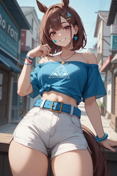 1 girl、reddish dark brown hair、(blue mesh hair)、 star-shaped hairpin with bangs split to the right、 gal、 horse ears、((blue off-the-shoulder shirt))、(( White Hot Pants))、((white shorts))、square necklace、fluorescent light blue satin ring on right thigh、horse...