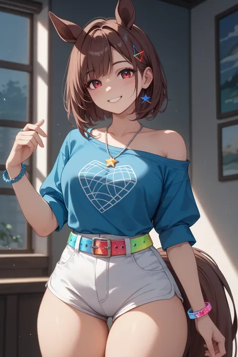 1 girl、reddish dark brown hair、(blue mesh hair)、 star-shaped hairpin with bangs split to the right、 gal、 horse ears、((blue off-the-shoulder shirt))、(( White Hot Pants))、((white shorts))、square necklace、fluorescent light blue satin ring on right thigh、horse...