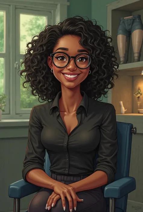 I need a Disney-style drawing of A smiling woman with curly black hair and glasses with a round printed frame,  wearing a black shirt . She is seated with her hands folded on her lap, in an indoor environment with prosthetic legs exposed on a shelf in the ...