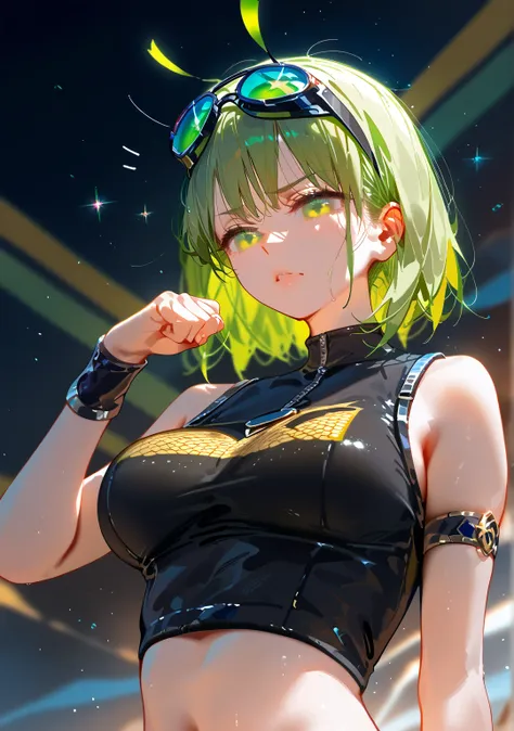 top quality, green eyes,Yellow-green hair ,awkward high quality illustration,flickering head,z cup boobs,Full breasts,incredibly big boobs,thief,thief옷,amazed,Bumblebee