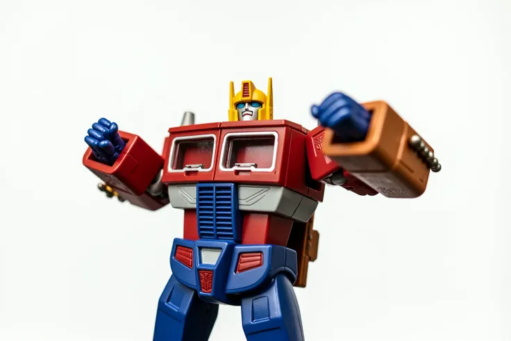 a close up of a toy figure of a robot with a large arm, masterpiece details, transformers toy, masterpiece cannon, goku fused with optimus prime, transformers toys, optimus sun orientation, cybertron, square jaw, transformer, cybertronian, upper torso incl...