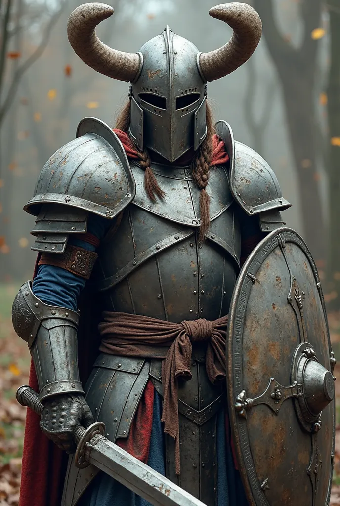 Warrior in steel armor, helmet with horns hiding his face, hair sticking out in pigtails through its helmet, armor with battle wear, sword the same size as the warrior and a large shield, armor combination fantasy and reality 