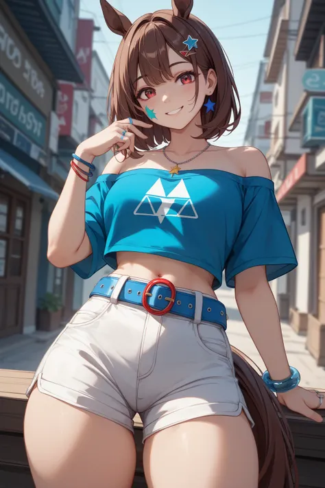 1 girl、Red dark brown hair、(blue mesh hair)、 star-shaped hairpin with bangs split to the right、 gal、 horse ears、((blue off-the-shoulder shirt))、(( White Hot Pants))、((white shorts))、square necklace、Fluorescent light blue ribbon ring on right thigh、horse ta...