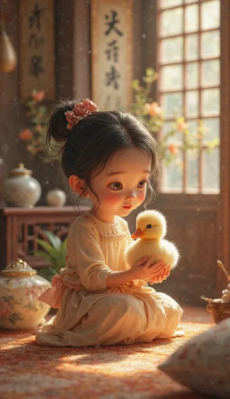 Inside the house, a Chinese girl is waiting, smiling as she looks at the duckling