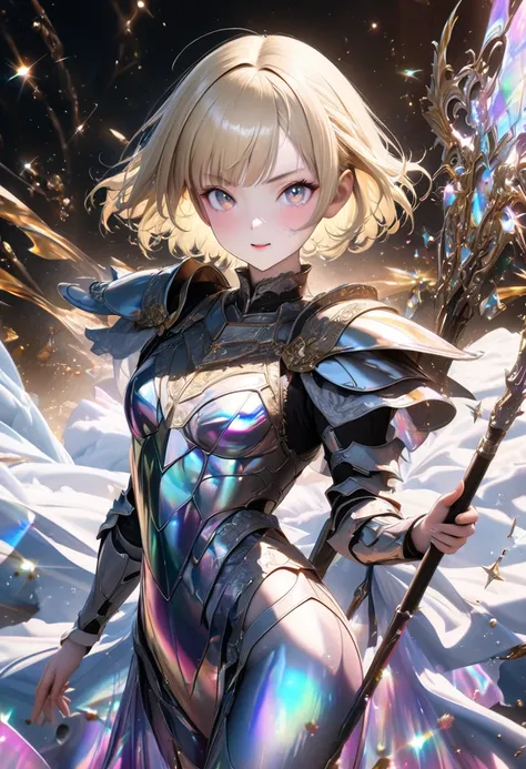 ((Beautiful and cute European woman, knight, western-style armor, blonde, short hair, holding a magic spear, delicate and dynamic, cool, Ryugujo, seamless image fusion, highest quality, ultra-high resolution, 16k, incredibly high resolution, highly detaile...