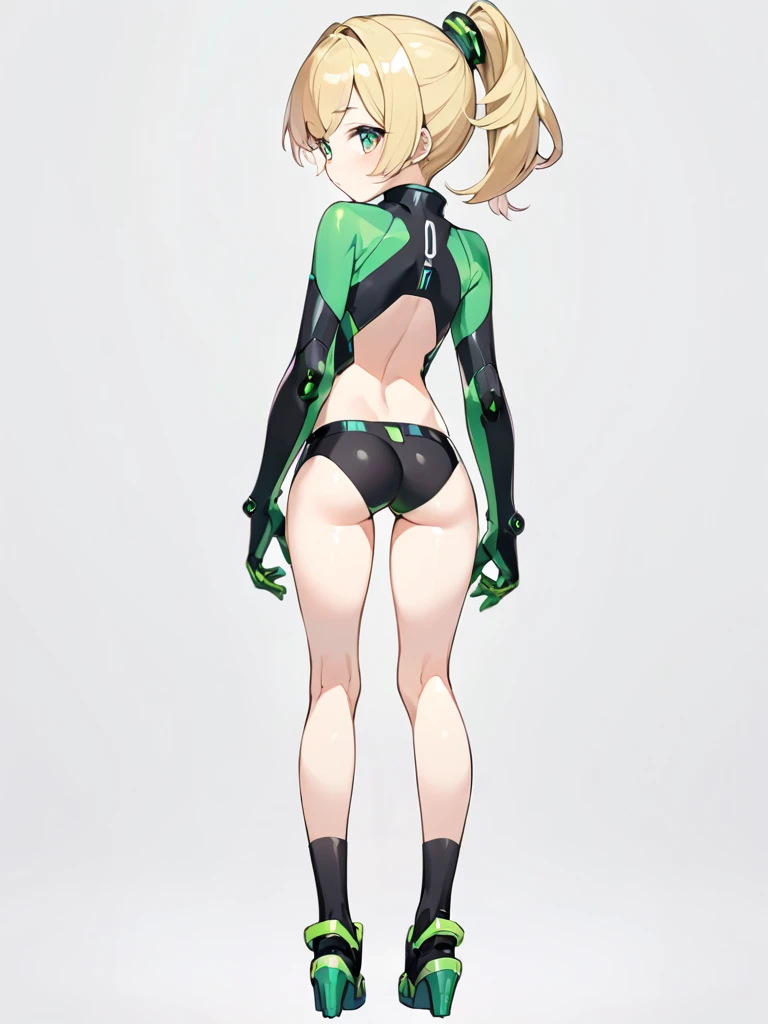 age girl, green eyes, long blonde hair with ponytail, pretty face, small breasts, small waist, small hips, small thighs, small butt, long sexy legs, wearing a black zero-tech suit with green details. View from behind, view from behind, back to viewer, full...