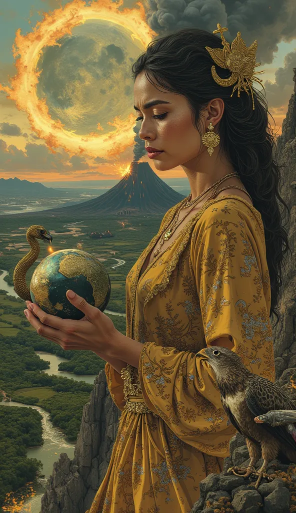 "Ibu Pertiwi - Guardian of the Archipelago, Fantasy Hyper-Realism with Don Lawrence's aesthetic (bold outlines, dynamic lighting, muted vibrancy), Oil on Canvas texture. A regal Indonesian woman stands on a crumbling cliff overlooking dystopia; tears roll ...