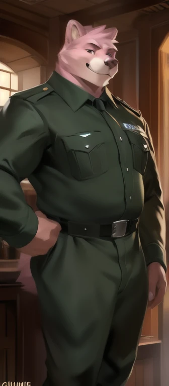 Solo, man big Tall,model tall, huge​ body,​standing, den,Pink bear , black green Army uniform, overweight, muscular, smirking, by chunie​