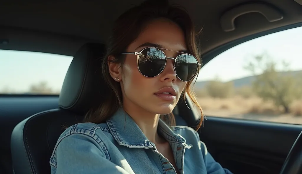 arafed a women in sunglasses sitting and drive in a car, an image inspired by Ismail Acar, Reddit, conceptual art, with sunglasses, wearing mirrored sunglasses, with sunglasses, wearing a jeans shirt, sunglasses, raphael personnaz, wearing sunglasses, attr...