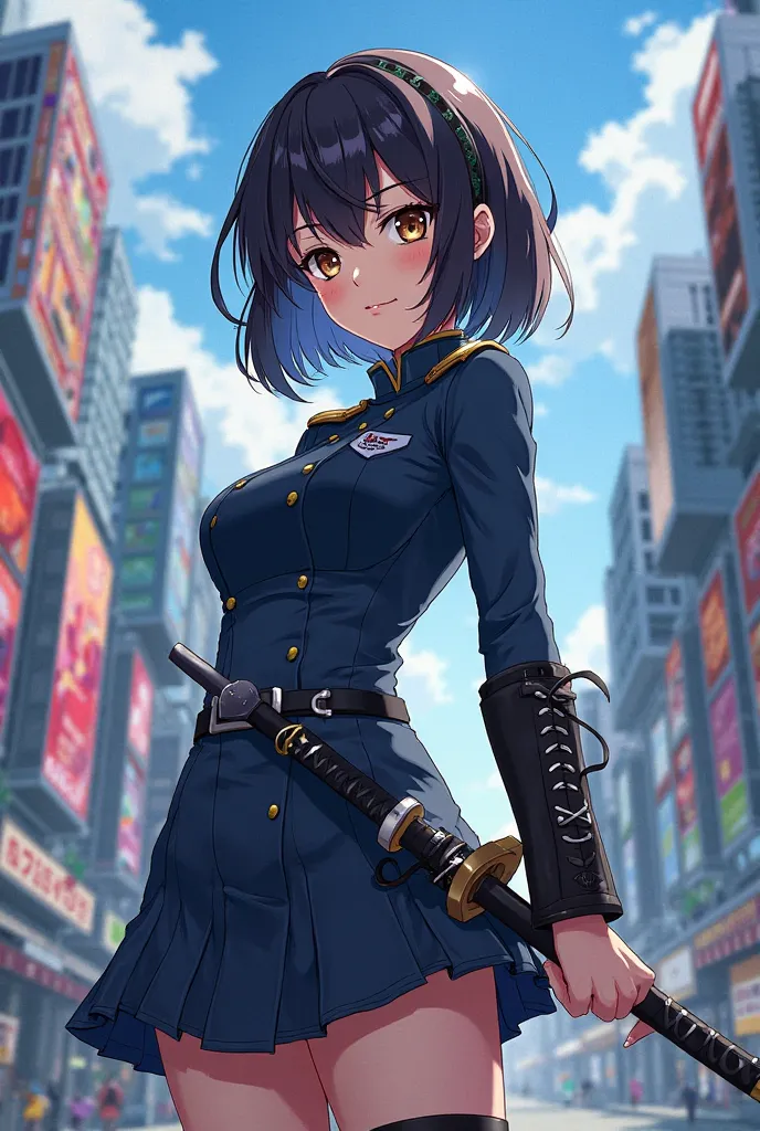 Screenshot of white tea woman with a decisive look and a ladina smile with waist-length black hair hazel eyes wearing military dress navy blue with black, silver and knee-high boots with a katana background city animation style jujutsu kaizen map