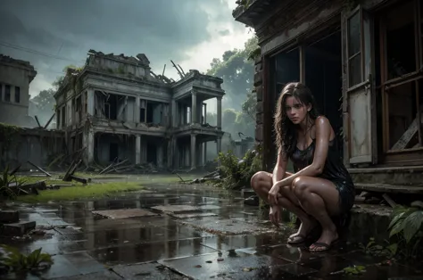 A beautiful woman, See the ruins of the house  , dim,  [Dark, rain,  Lightning,  despair, tears, tears,  worn out clothes , wet clothes.  Knees on the ground, Biting the lower lip , Bare shoulders, Real rain,  wet hair .  Ruins and building fragments as ba...