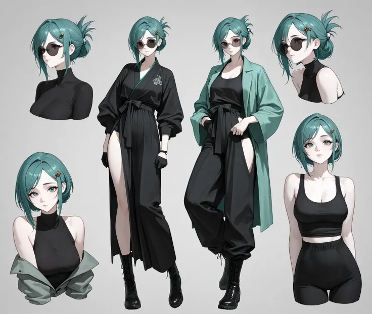 height: 165cm, weight: 53kg, hair: Soft, long, turquoise hair, eye: Blue-green irises, slightly drooping eye corners, and round, large eyes, nose: The tip of the nose is round, skin: pure white skin, Face type: Puppy face, body: s line, Clothing: black Bar...