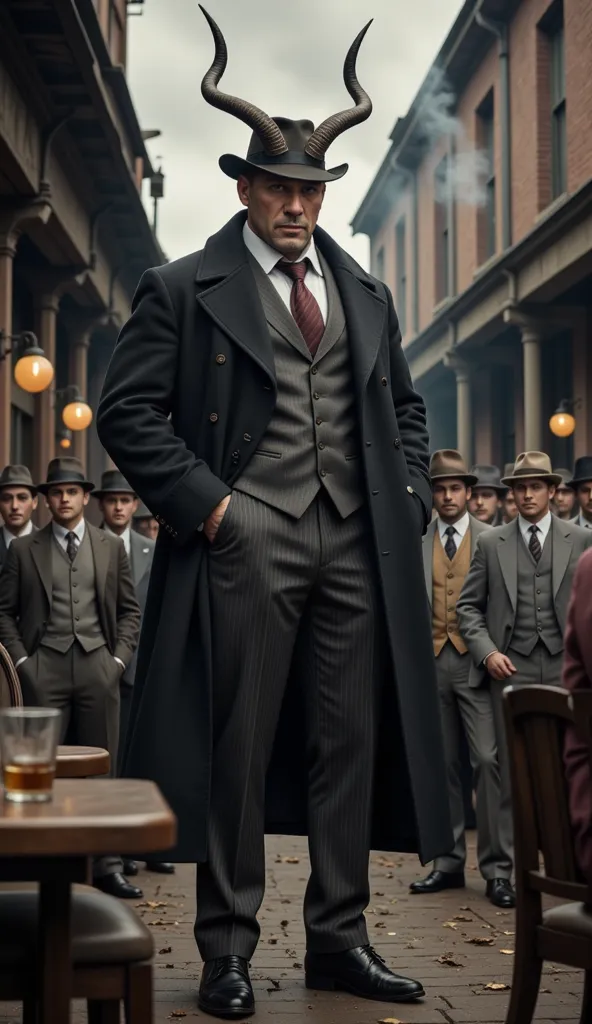 A towering, humanoid Springbok mafia boss, wearing a long dark overcoat, a classic fedora hat, and a vintage three-piece suit with a vest and tie. His body is large, muscular, and human-like, but his head remains that of a powerful Springbok, with majestic...