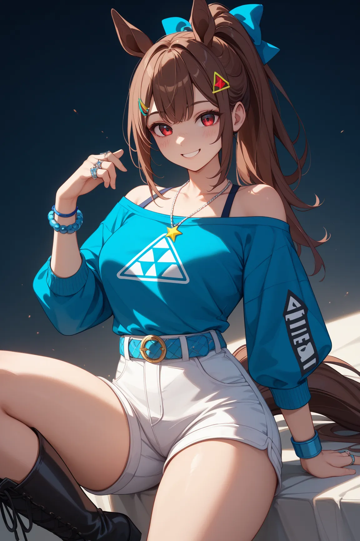 1 girl、Red dark brown hair、(blue mesh hair)、 star-shaped hairpin with bangs split to the right、 gal、 horse ears、((blue off-the-shoulder shirt))、(( White Hot Pants))、((white shorts))、square necklace、Fluorescent light blue ribbon ring on right thigh、horse ta...