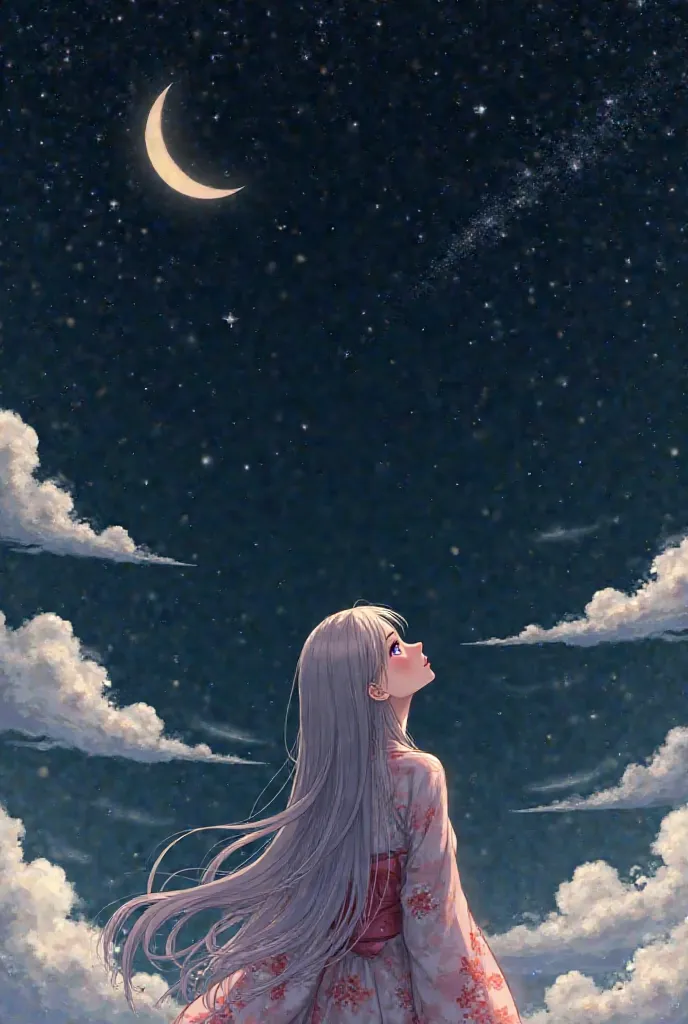 Create an image of the night with the tender moon in the background and clouds in the middle of the stars and a sensual woman admiring. Fantasy style - anime