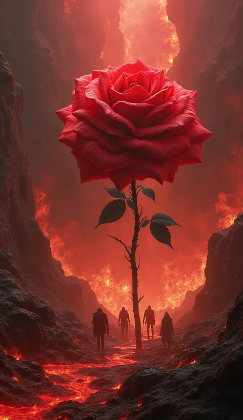 Hyper-realistic, high detail. A gigantic, flawless crimson rose blooms in the heart of hell, its delicate petals untouched by the raging infernal flames that coil around it like living serpents.

Surrounding it, twisted, grotesque demons lurk in the shadow...