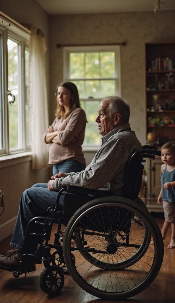  A man with a sad expression , sitting in a wheelchair in a simple house, looking out the window with a look of concern. your wife, In the background, You are thoughtful, while two ren play innocently on the floor, without understanding the seriousness of ...