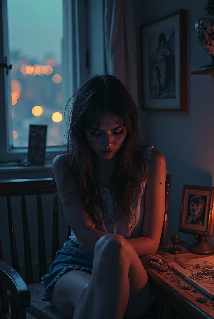 A image neo pop art style melancholic and emotional scene of a young woman sitting alone in a dimly lit room, her face partially illuminated by a soft, warm light coming from a window. She has long, slightly messy hair and a distant, sorrowful expression, ...