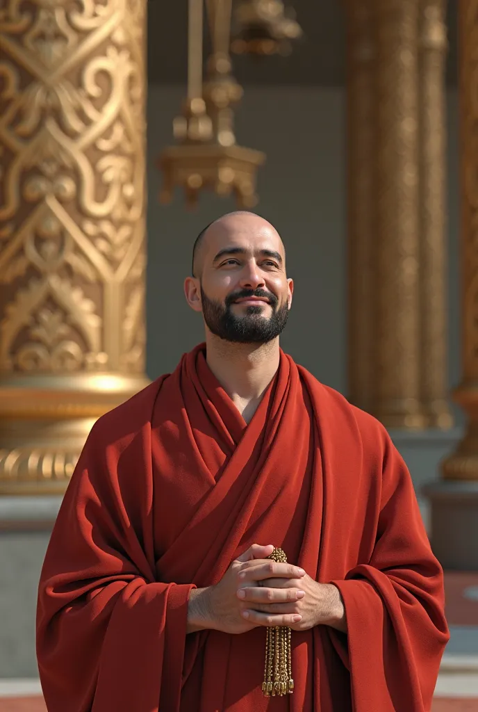 Man with white skin wearing red robe smiling wearing big gold tasbih behind him is a golden pillar