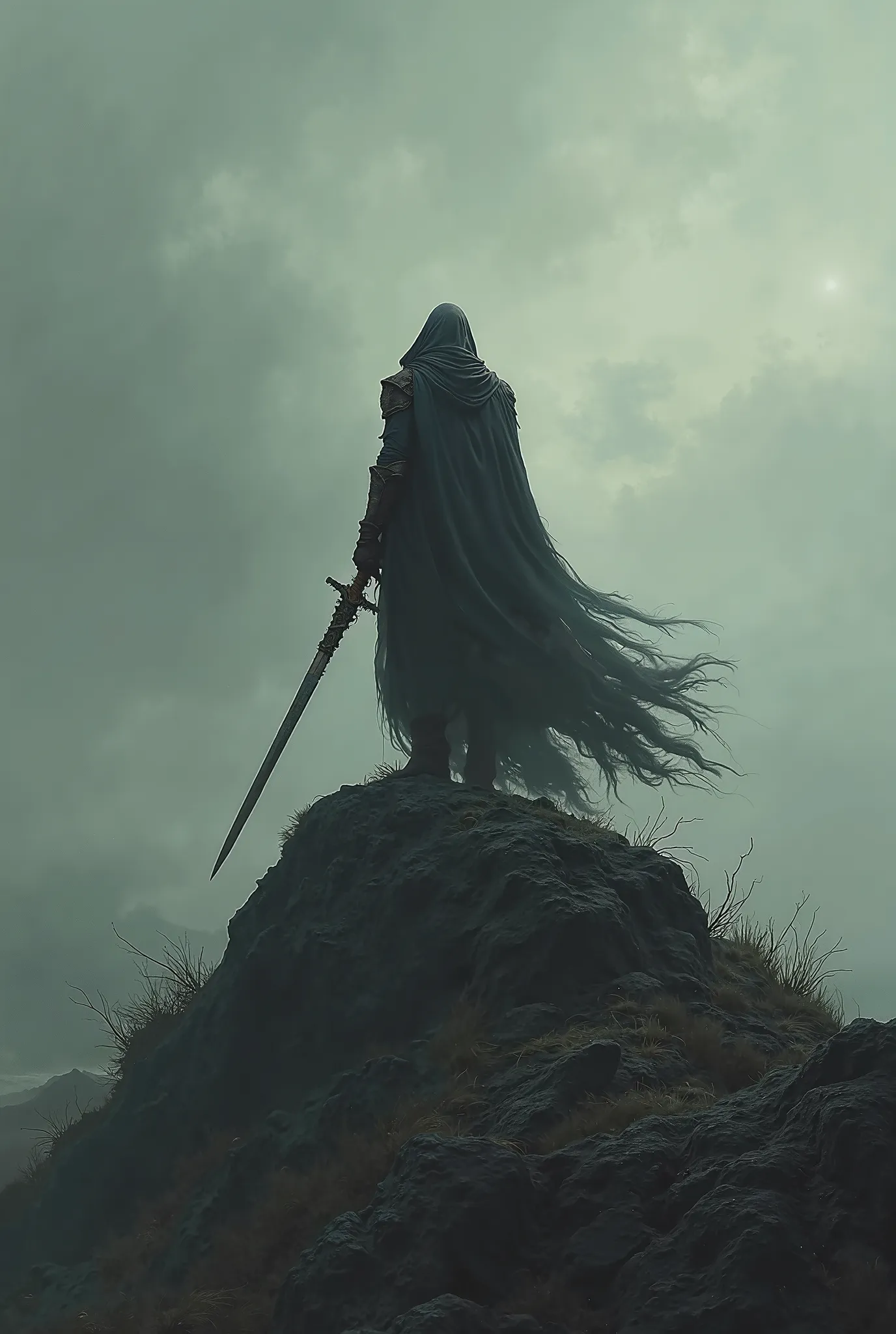 A dark figure with his back turned and on a hill with a sword